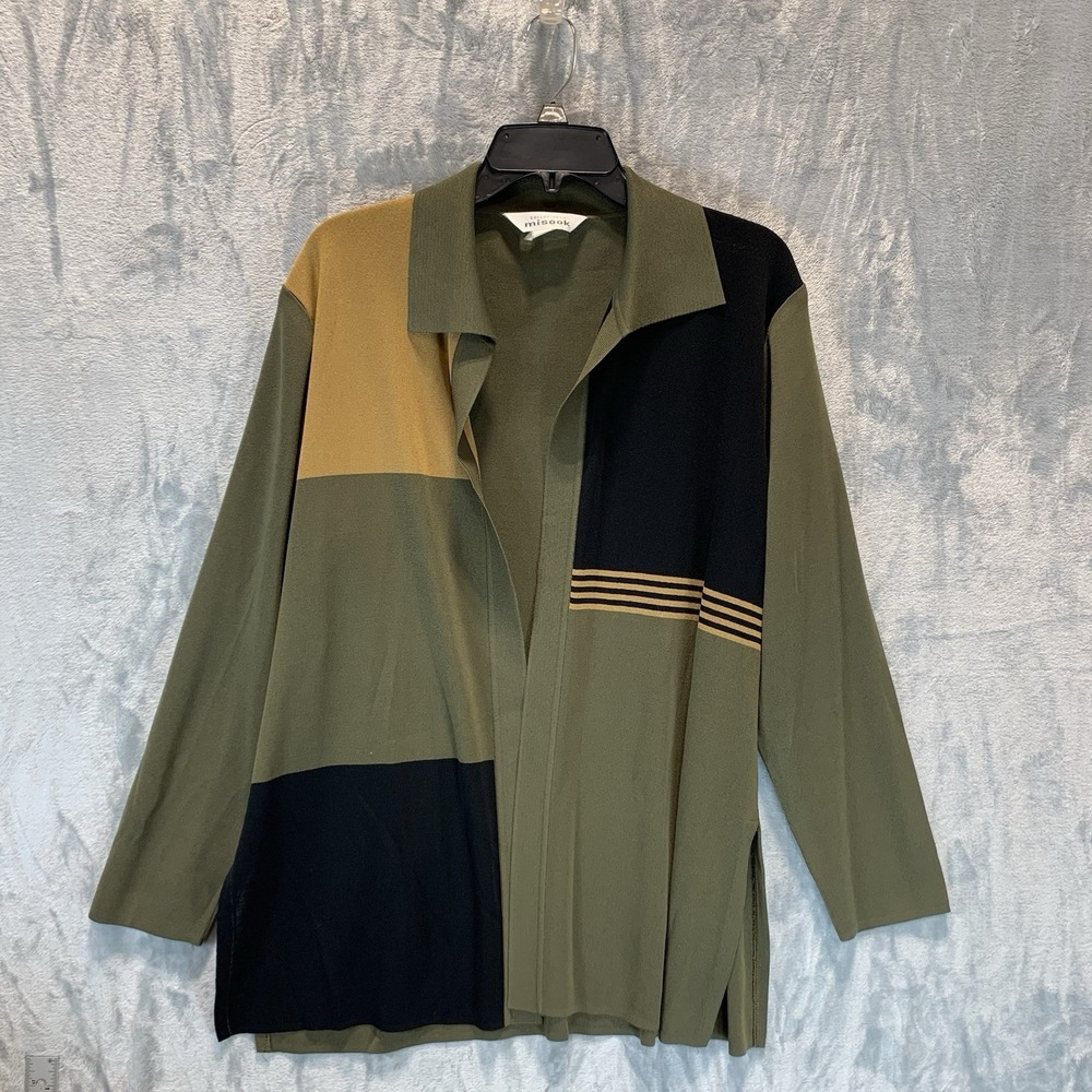 Exclusively‎ Misook Women's Cardigan Sweater Open Front Green Abstract Collar XL